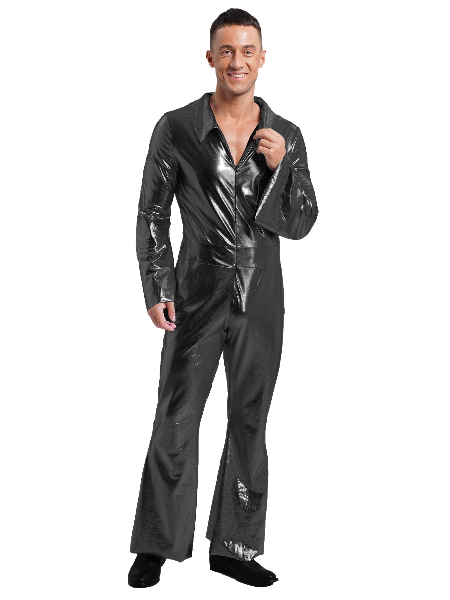vastwit Mens 70s Disco Metallic Shiny Jumpsuit Flare Sleeve Bell Bottom Hippie Rompers Black S