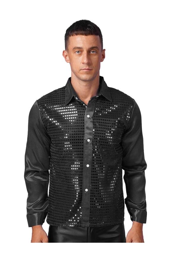 Mens 70s Sequins Disco Dance Shirt Long Sleeve Button Down Shirt for Party Club Black L