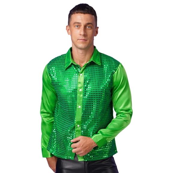 vastwit Mens 70s Sequins Disco Dance Shirt Long Sleeve Button Down Shirt for Party Club Green M