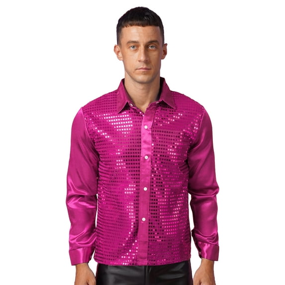 vastwit Mens 70s Sequins Disco Dance Shirt Long Sleeve Button Down Shirt for Party Club Hot Pink L