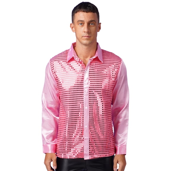 vastwit Mens 70s Sequins Disco Dance Shirt Long Sleeve Button Down Shirt for Party Club Pink L