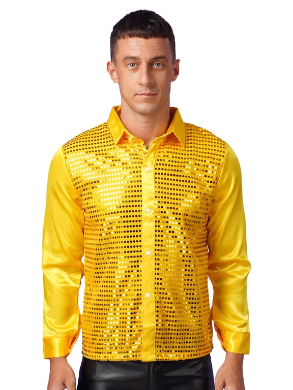 Mens 70s Sequins Disco Dance Shirt Long Sleeve Button Down Shirt for Party Club Yellow S