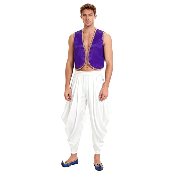 vastwit Mens Adult Arabian Prince Outfit Street Rat Suit Sleeveless Satiny Vest with Harem Pants Set Purple White S