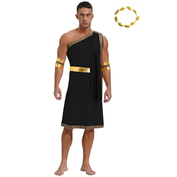 vastwit Mens Ancient Greek Toga Roman Caesar Warrior Robes Tunic Dress with Headwear Set Black L