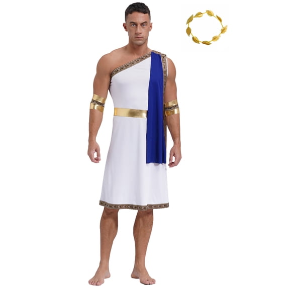 vastwit Mens Ancient Greek Toga Roman Caesar Warrior Robes Tunic Dress with Headwear Set Blue L
