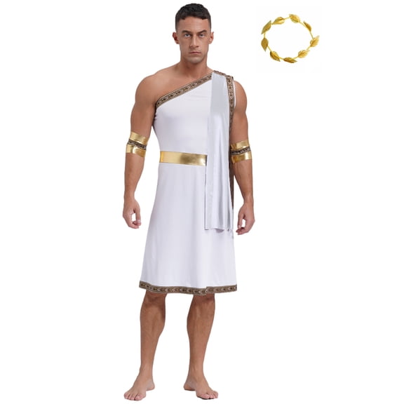 vastwit Mens Ancient Greek Toga Roman Caesar Warrior Robes Tunic Dress with Headwear Set White 3XL