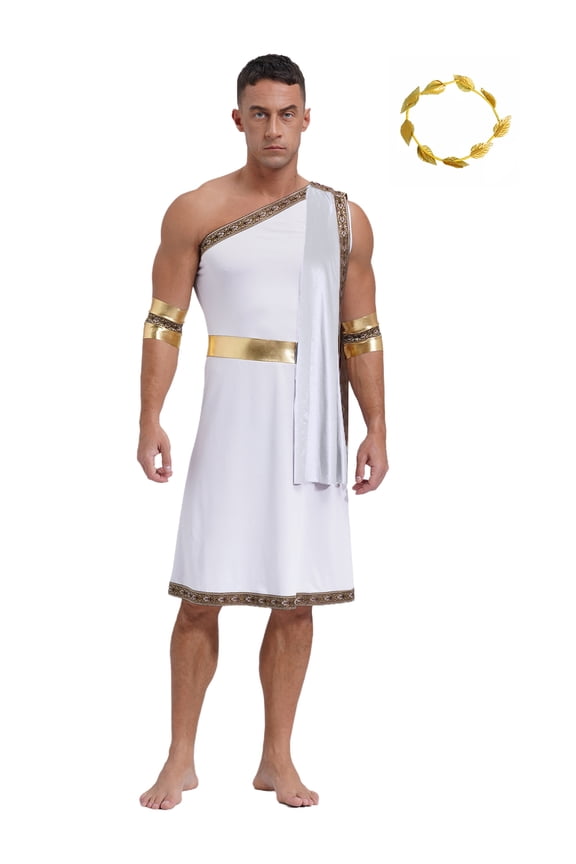 Mens Ancient Greek Toga Roman Caesar Warrior Robes Tunic Dress with Headwear Set White 3XL