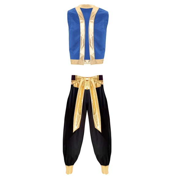 vastwit Mens Arabian Prince Costume Open Front Vest Waistcoat with Belted Bloomers Pants Black XXL