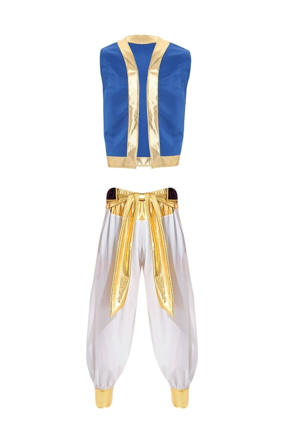 Mens Arabian Prince Costume Open Front Vest Waistcoat with Belted Bloomers Pants White XXL