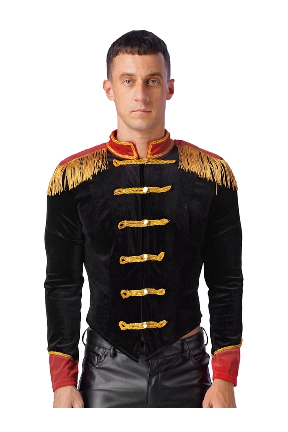 Mens Circus Magician Show Velvet Jacket Long Sleeve Ringmaster Coat Black XXL