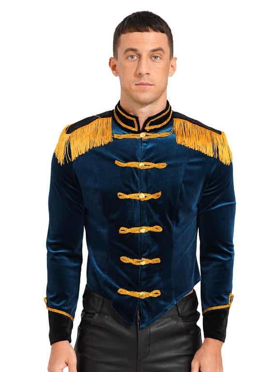 Mens Circus Magician Show Velvet Jacket Long Sleeve Ringmaster Coat Dark Blue 3XL