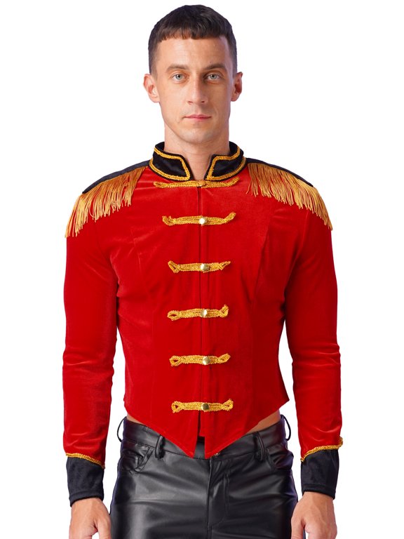 Mens Circus Magician Show Velvet Jacket Long Sleeve Ringmaster Coat Red L