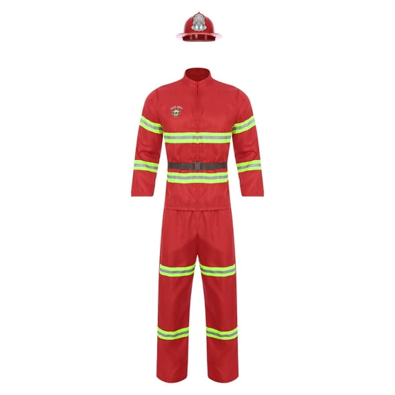 vastwit Mens Firefighter Fireman Outfits Long Sleeve Jacket Coat and Belt Plastic Helmet Set Red 160