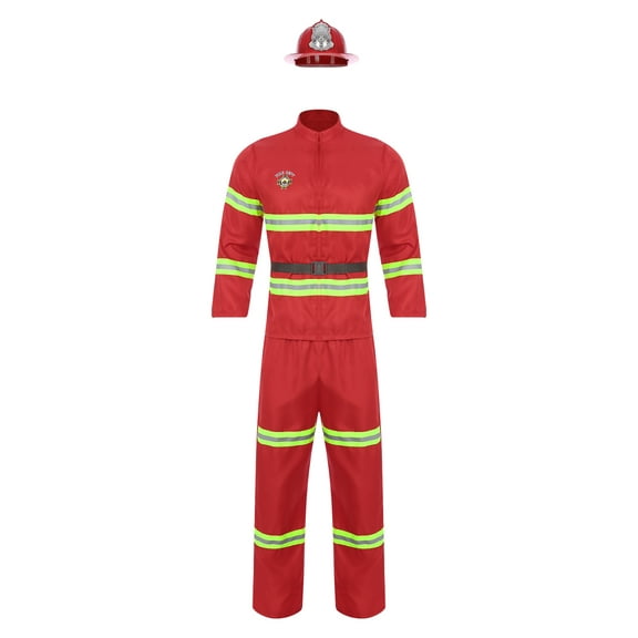 vastwit Mens Firefighter Fireman Outfits Long Sleeve Jacket Coat and Belt Plastic Helmet Set Red 160