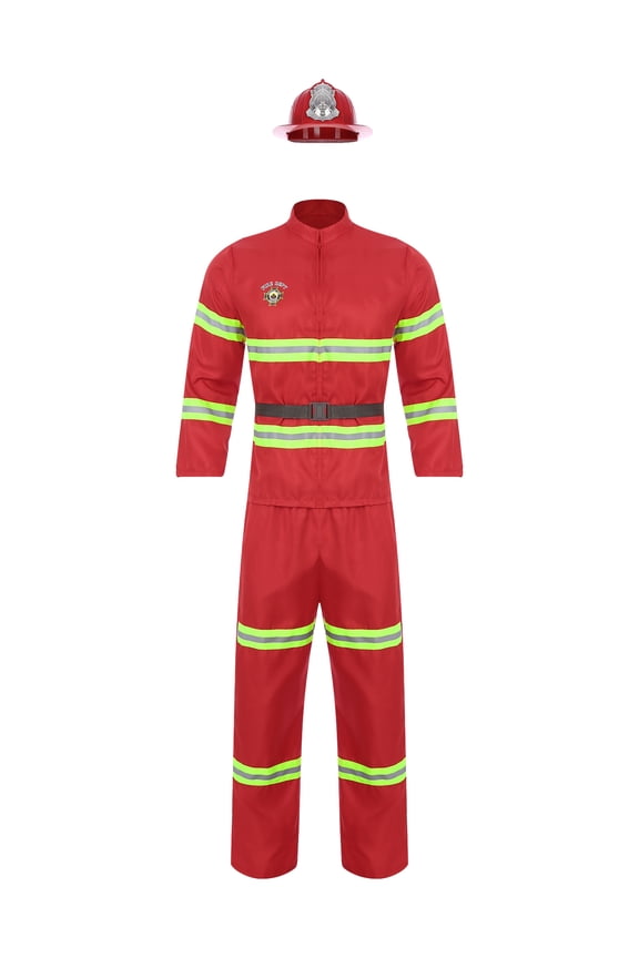 Mens Firefighter Fireman Outfits Long Sleeve Jacket Coat and Belt Plastic Helmet Set Red 190
