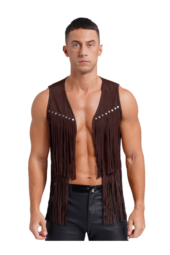 Mens Rivets Fringe Open Front Vest Sleeveless Faux Suede Tassel Western Cowboy Jacket Khaki XXL