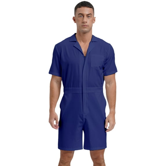 vastwit Mens Solid Rompers Jumpsuits Zipper Front Shorts Coverall Tracksuits with Pockets Royal Blue L