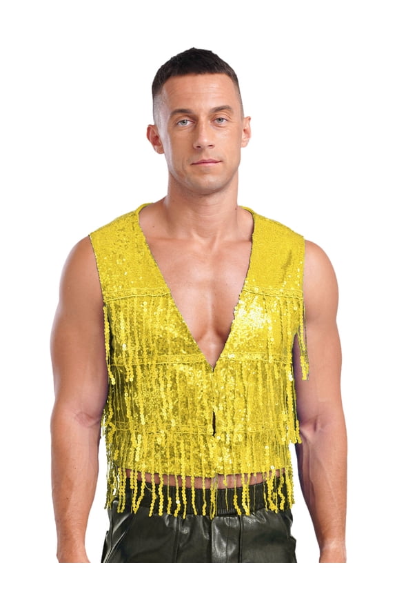 Mens Sparkly Sequin Fringe Vest Open Front Waistcoat Sleeveless Jackets Cardigan Gold XXL