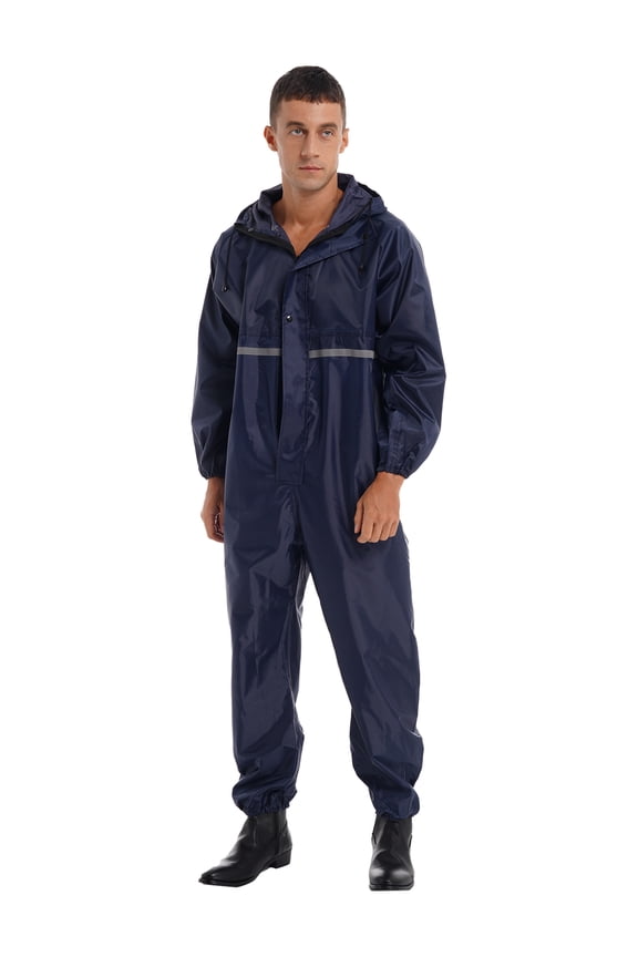 Mens Waterproof Coveralls Motorcycle Rain Suit Reflective Hooded Rainsuit Raincoat Jumpsuit Navy Blue 165/M