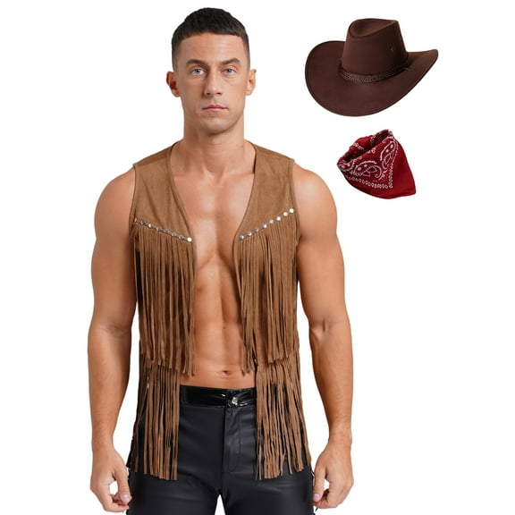 vastwit Mens Western Cowboy Hippie Costume Faux Suede Tassel Rivets Vest with Bandanna Cowboy Hat Brown XL