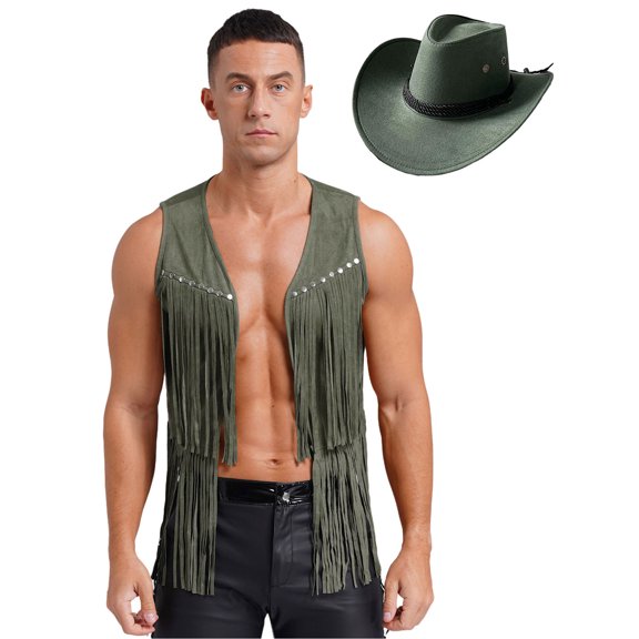 vastwit Mens Western Cowboy Outfits Open Front Tassel Rivets Waistcoat with Hat Hippie Costume Army Green XXL