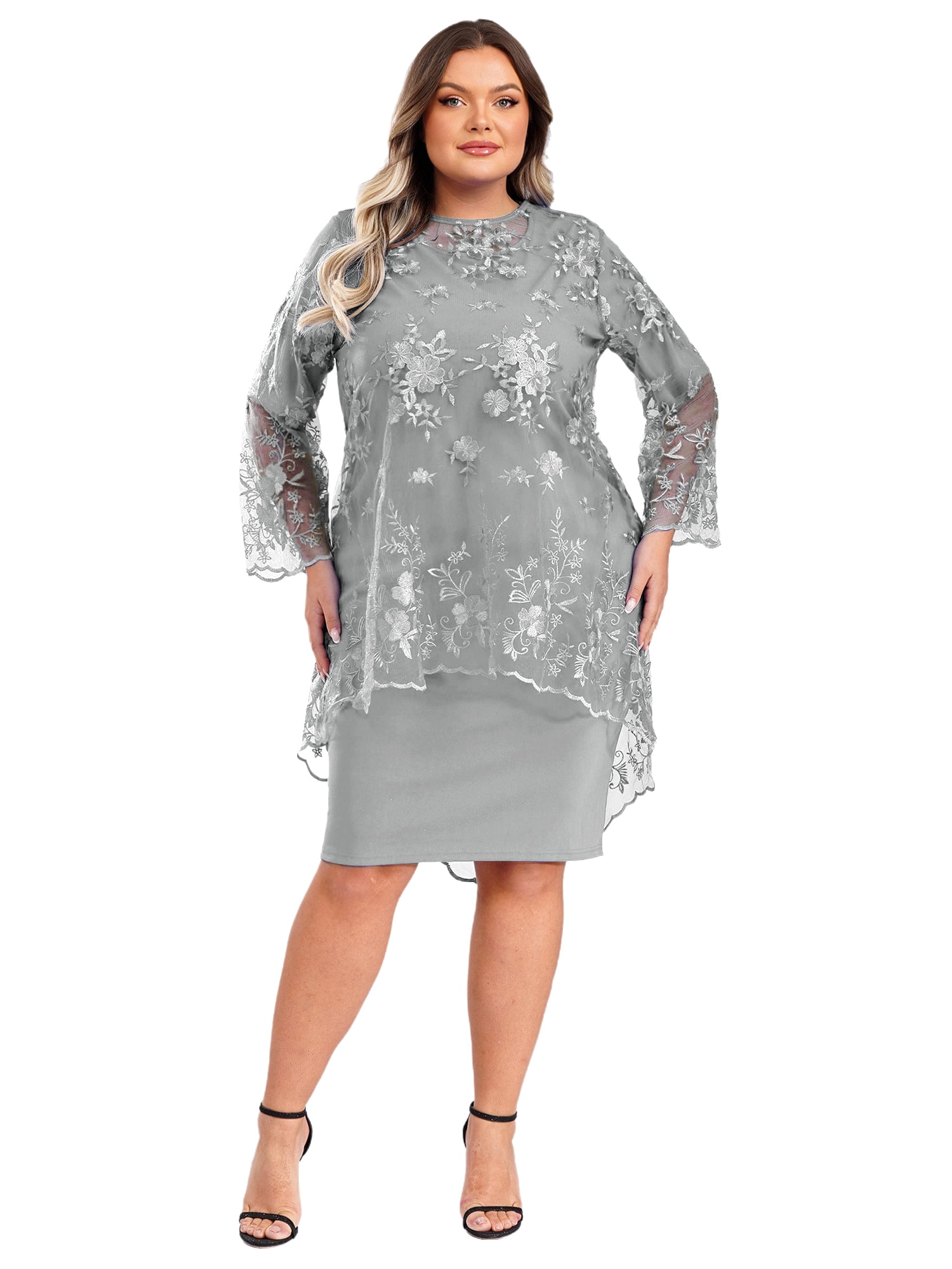 vastwit Mother of The Bride Dress for Wedding Plus Size Knee Length Tube  Dress with Lace Cover Up Grey 4XL