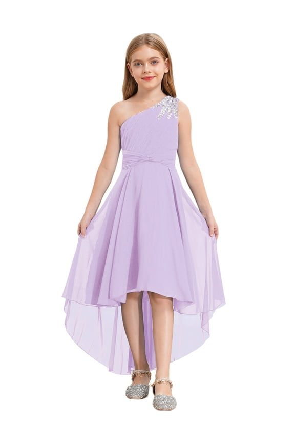 One Shoulder Flower Girl Dress Junior Kids High-Low Chiffon Wedding Party Bridesmaid Formal Gown Lavender 14