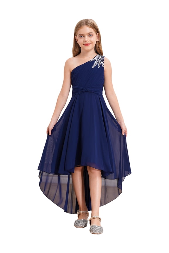 One Shoulder Flower Girl Dress Junior Kids High-Low Chiffon Wedding Party Bridesmaid Formal Gown Navy Blue 8