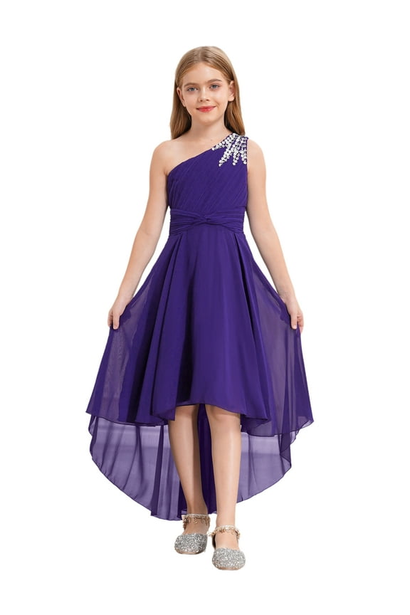One Shoulder Flower Girl Dress Junior Kids High-Low Chiffon Wedding Party Bridesmaid Formal Gown Purple 10