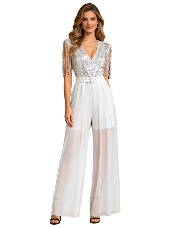 Sparkly Jumpsuits for Women Glitter Sequin Rompers V Neck One Piece Outfits for Prom Party Silver S