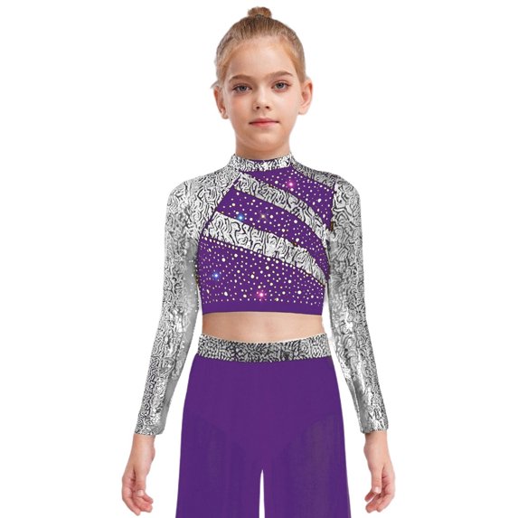 vastwit Sparkly Sequins Crop Top for Girls Long Sleeve Cutout Back Rhinestones Glitter Cheerleading Shirts Purple 6