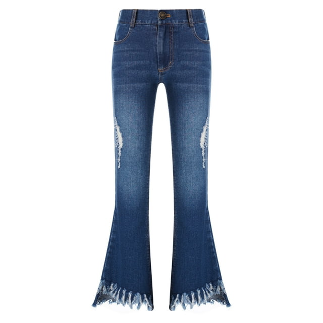 vastwit Spring Autumn Kids Girls Flare Jeans Pants Burr Bell Bottom Denim Trousers Casual Clothes Dark Blue 8