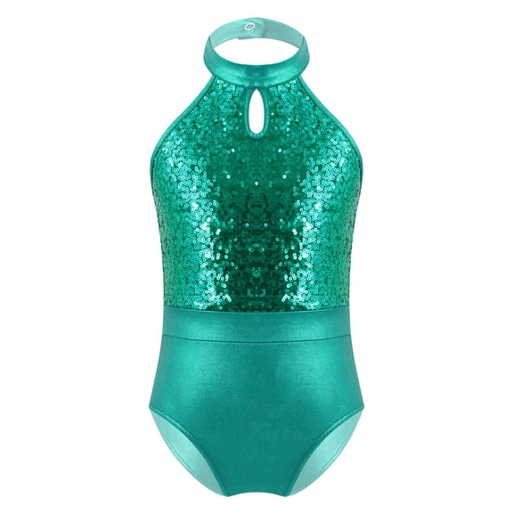 vastwit Teen Girls Ballet Gymnastics Leotards Dancewear Sleeveless Sequins Professional Dance Jumpsuit Green 6