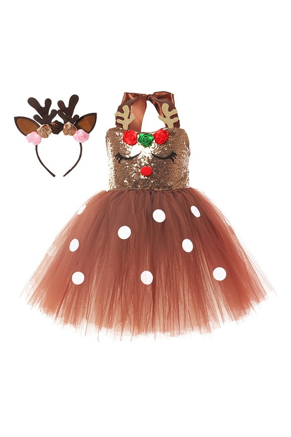 Toddler Baby Reindeer Costume Romper Dress Girl Christmas Elk Giraffe Dress with Deer Hair Brown M