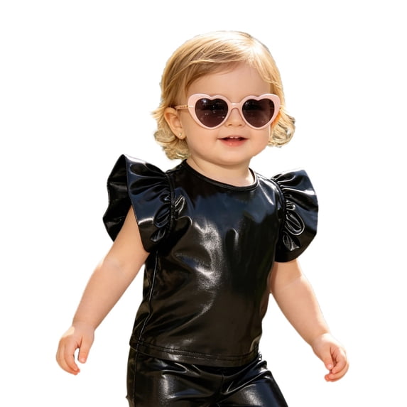 vastwit Toddler Girls Blouses Metallic Shirts Party Tops Ruffle Short Sleeve Tee Concert T-shirt Black 5T
