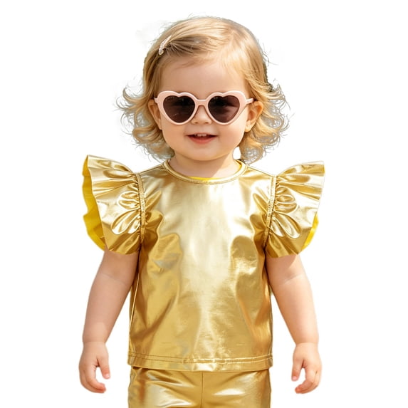 vastwit Toddler Girls Blouses Metallic Shirts Party Tops Ruffle Short Sleeve Tee Concert T-shirt Gold 18-24M