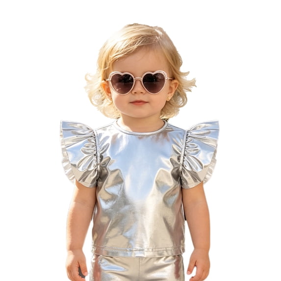 vastwit Toddler Girls Blouses Metallic Shirts Party Tops Ruffle Short Sleeve Tee Concert T-shirt Silver 4T