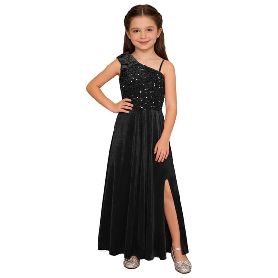 vastwit Wedding Junior Bridesmaid Dress One Shoulder Bow Sequin Velvet Sleeveless Slit Maxi Flower Girl Dress Black 12