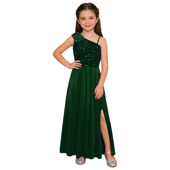 vastwit Wedding Junior Bridesmaid Dress One Shoulder Bow Sequin Velvet Sleeveless Slit Maxi Flower Girl Dress Dark Green 14