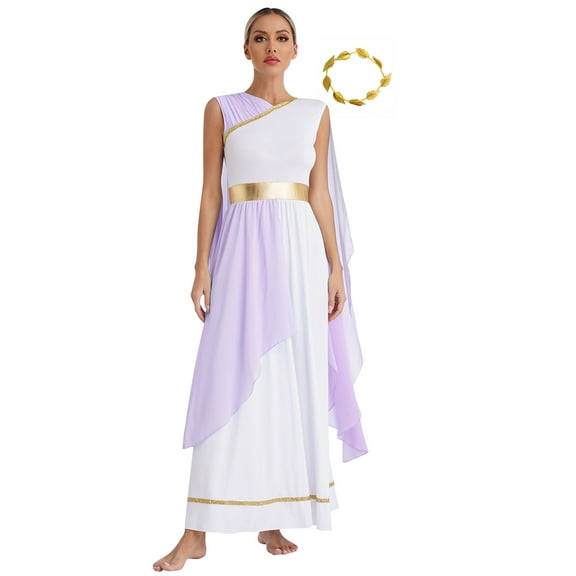 vastwit Woman Greek Beauty Toga Dress Empress Athena Golden Trim Dress with Headwear Lavender M