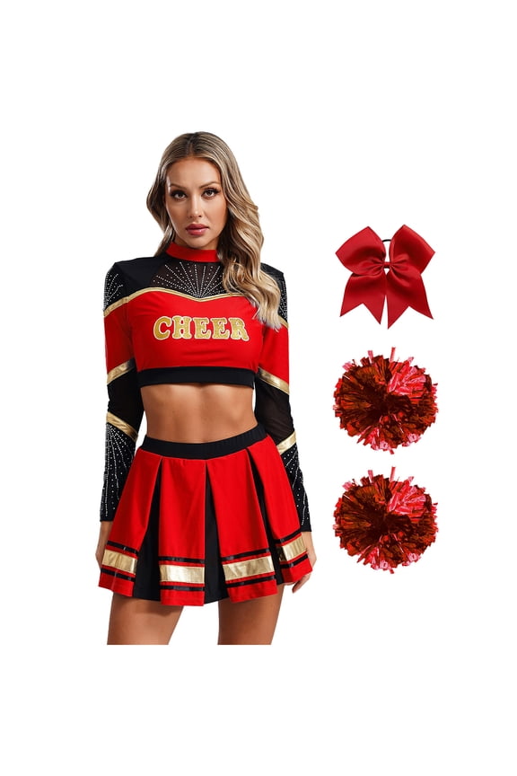 Women Cheer Leader Dance Crop Top with Skirt and Accessories Cheerleading Outfits Red M