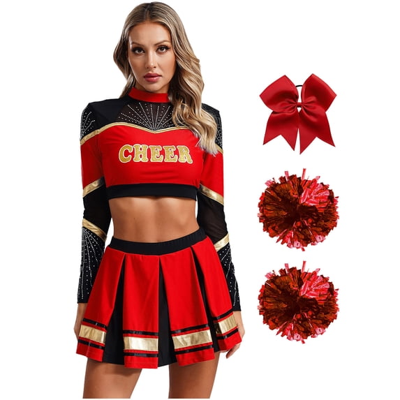 vastwit Women Cheer Leader Dance Crop Top with Skirt and Accessories Cheerleading Outfits Red S