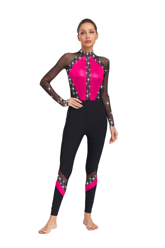 Women Dance Unitard Gymnastics Leotard Long Sleeve Mock Neck Sparkly Color Block Jumpsuit One Piece Bodysuit Hot Pink M