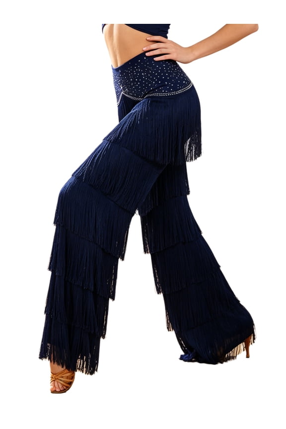 Women Flowy Tassels Flared Trousers Elastic Waist Rhinestones Fringe Pants for Latin Dance Practice Dark Blue L