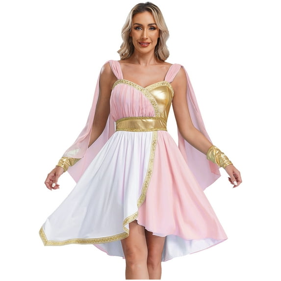 vastwit Women Greek Beauty Nymph Fancy Dress Roman Queen Ruffles Cape Dress with Cuff Pink XXL