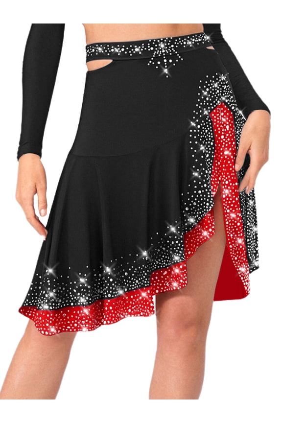 Women Latin Salsa Dance Skirt Shinny Rhinestones Ruffle Irregular Swing Ballroom Tango Cha Cha Dancewear Black XXL