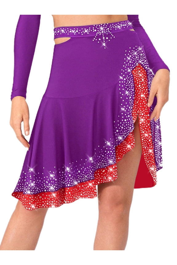 Women Latin Salsa Dance Skirt Shinny Rhinestones Ruffle Irregular Swing Ballroom Tango Cha Cha Dancewear Purple S