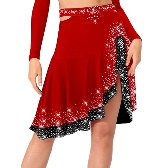 vastwit Women Latin Salsa Dance Skirt Shinny Rhinestones Ruffle Irregular Swing Ballroom Tango Cha Cha Dancewear Red M