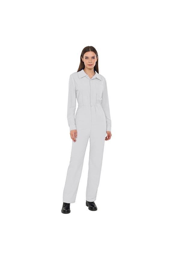 Women Long Sleeve Coveralls Utility Work Uniform Overalls Casual Button Up Jumpsuit Long Pants Romper Workwear White L