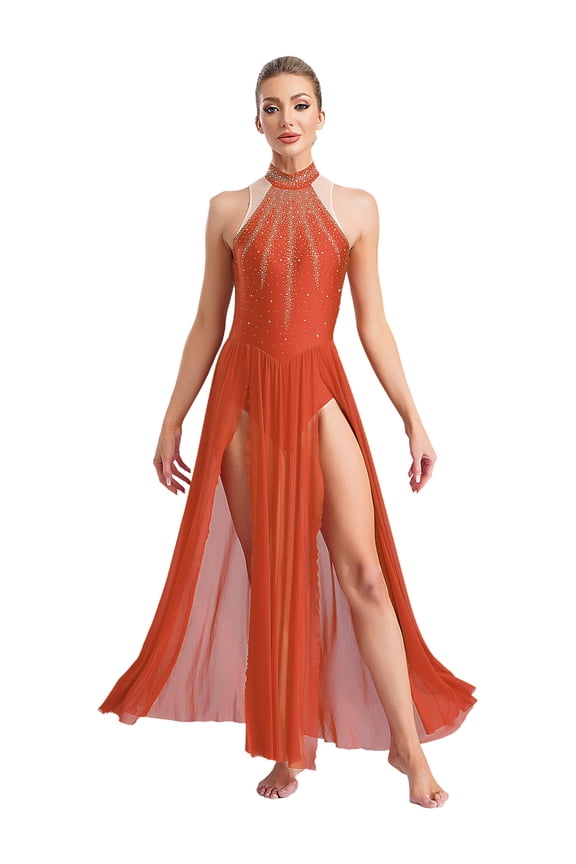 Women Lyrical Dance Dress Flowy Skirt Leotard Rhinestones Split Maxi Dress Contemporary Dancewear Orange XXL
